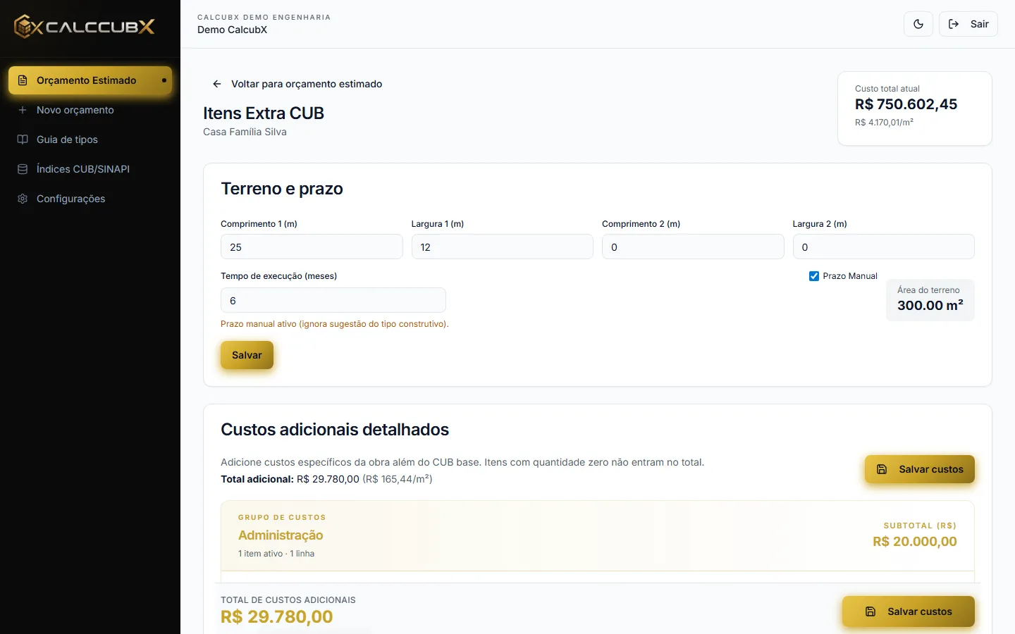 Tela de Itens Extra CUB com BDI Manual e botões finais